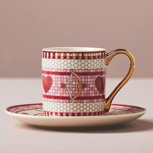 Anthropologie Stoneware Espresso Cup & Saucer Bows and Heart